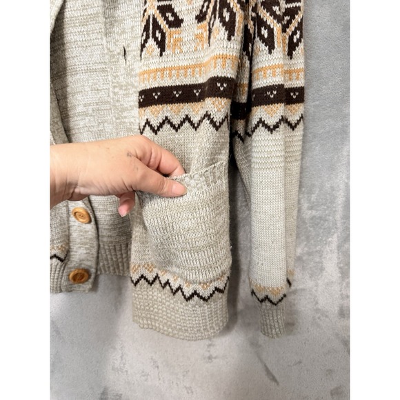 VINTAGE Sweater Mens Large Brown Cardigan Wool Snowflake Button Pockets - Picture 5 of 6